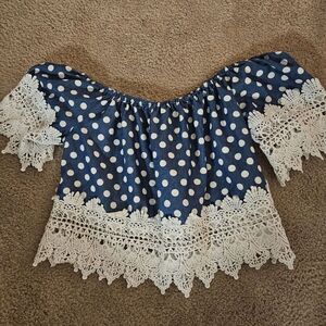 Love J. Blue Polka Dot Off the Shoulder Cropped Short Sleeve Blouse Lace Trim L